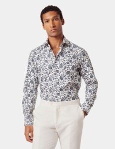 White & Navy Floral Diamond Weave Slim Curtis Shirt