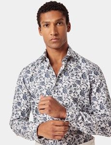 White & Navy Floral Diamond Weave Slim Curtis Shirt