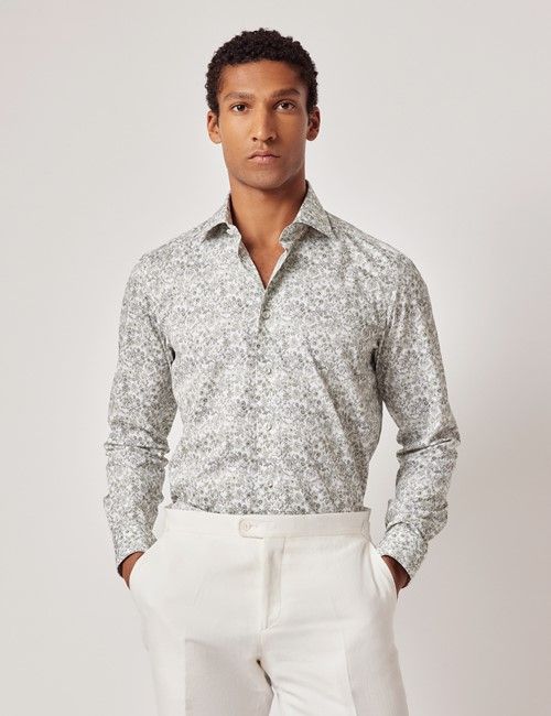 White & Green Floral Diamond Weave Slim Curtis Shirt