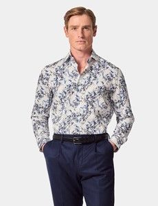 Slim Fit White & Blue Floral Diamond Weave Curtis Shirt