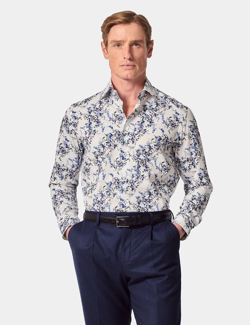 Slim Fit White & Blue Floral Diamond Weave Curtis Shirt