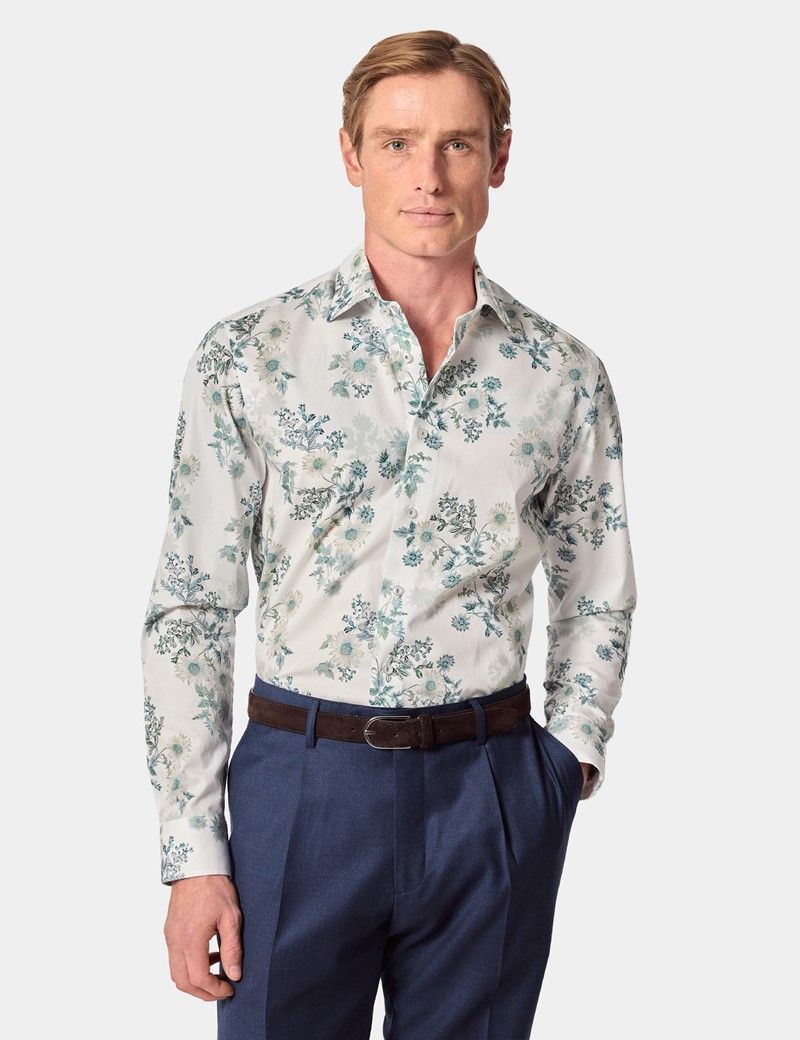 Slim Fit White & Green Floral Diamond Weave Curtis Shirt