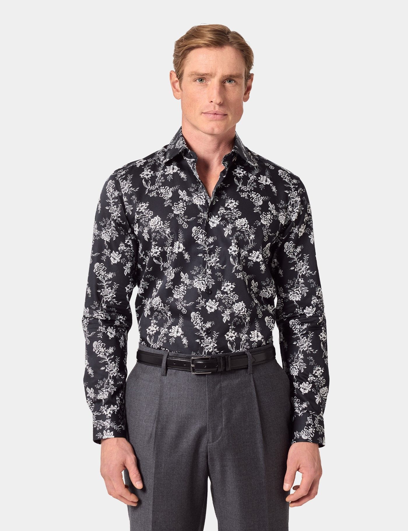 Slim Fit Black & White Floral Curtis Shirt