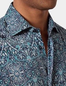 Slim Fit Navy & Green Paisley Curtis Shirt