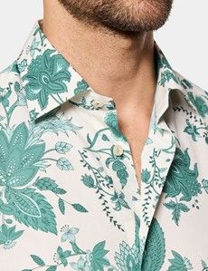Slim Fit Cream & Green Floral Diamond Weave Curtis Shirt