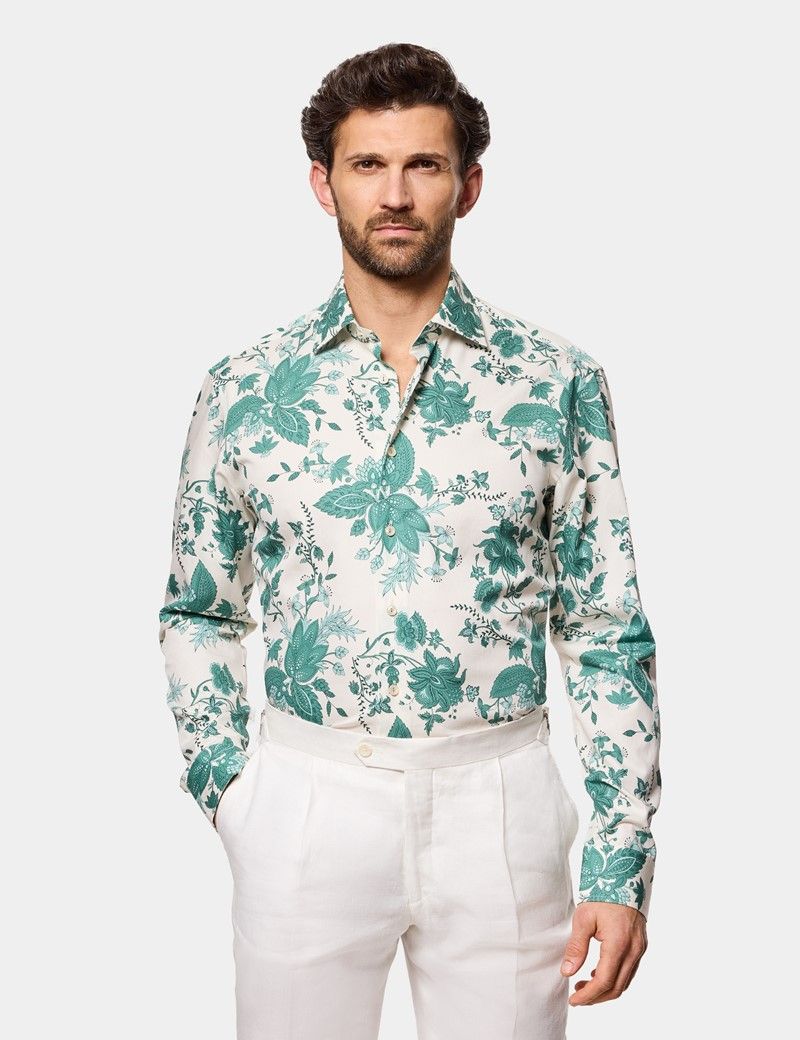 Slim Fit Cream & Green Floral Diamond Weave Curtis Shirt
