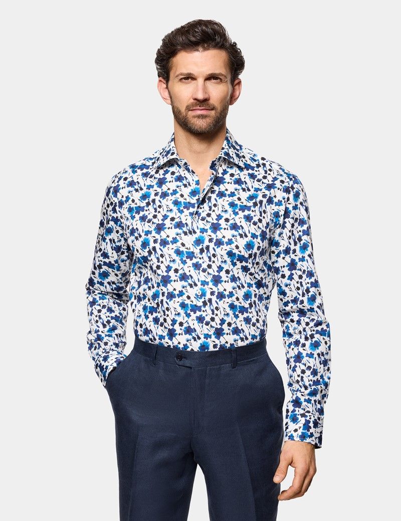 Slim Fit White & Blue Floral Diamond Weave Curtis Shirt