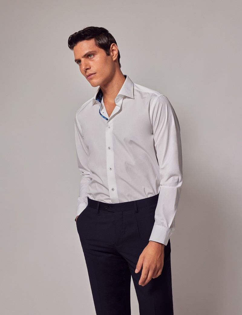 Men's White Cotton Sateen Shirt With Contrast Detail