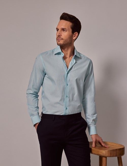 Blue Cotton Slim Shirt - Contrast Trim