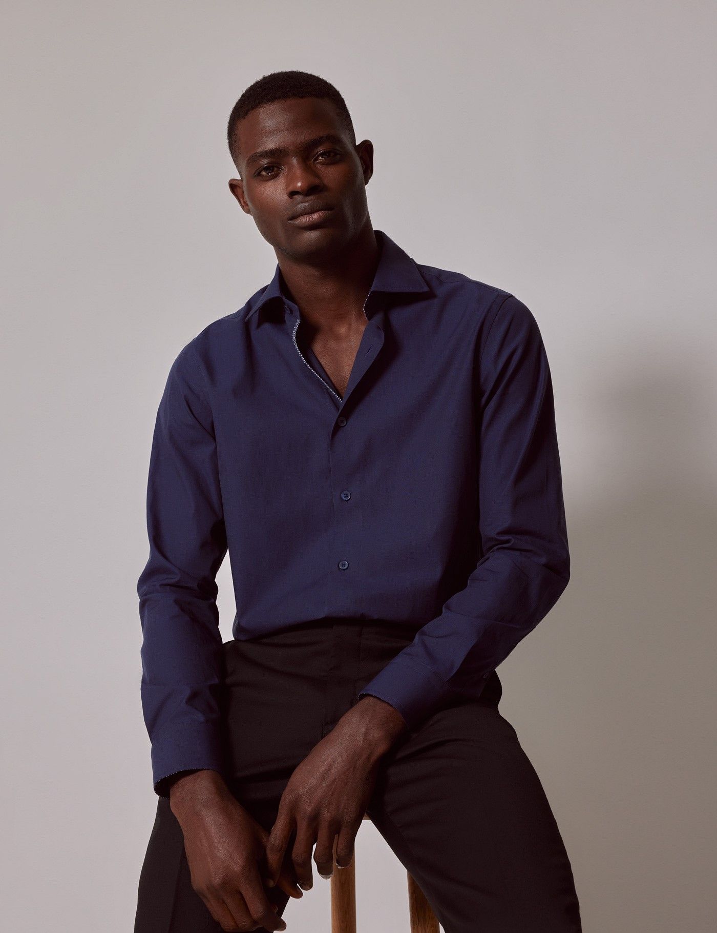 Slim Fit Navy End On End Curtis Shirt - Contrast Detail