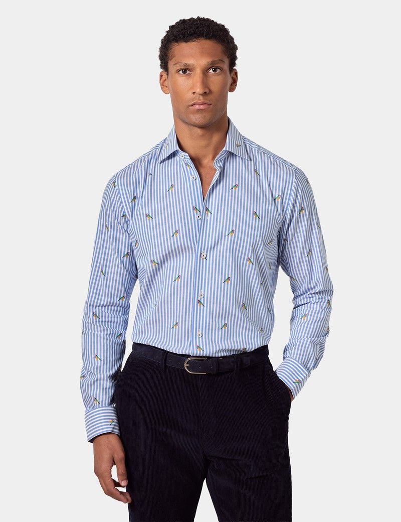 Slim Fit Blue & White Dobby Parrot Stripe Curtis Shirt