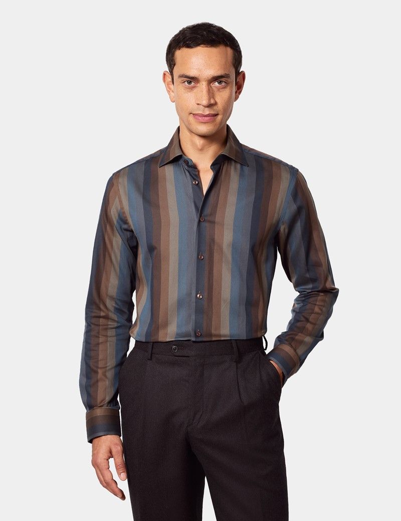 Slim Fit Grey & Brown Stripe Curtis Shirt