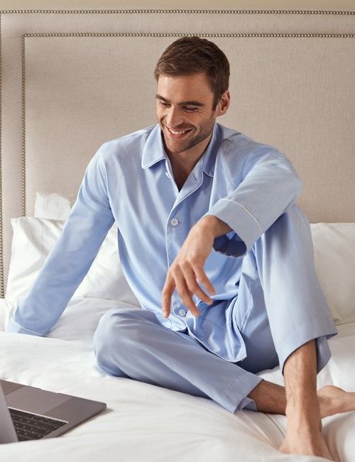 Blue Herringbone Cotton Pyjamas
