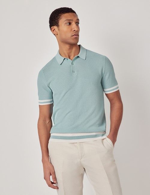 Light Teal Tipped Textured Rib Knitted Cotton Polo Shirt – Short Sleeve