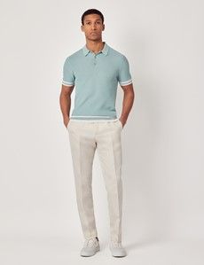 Light Teal Tipped Textured Rib Knitted Polo Shirt
