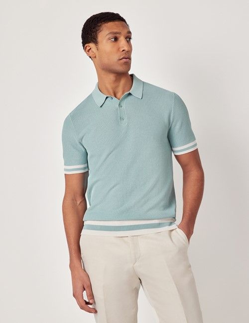 Light Teal Tipped Textured Rib Knitted Cotton Polo Shirt – Short Sleeve