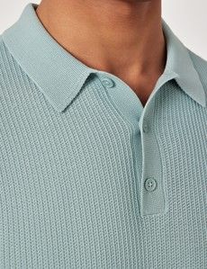 Light Teal Tipped Textured Rib Knitted Polo Shirt