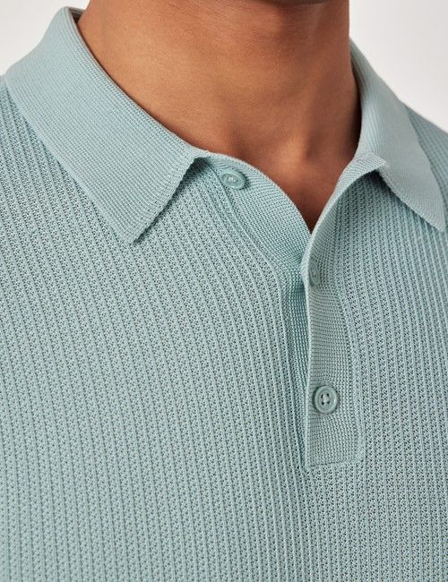 Light Teal Tipped Textured Rib Knitted Cotton Polo Shirt – Short Sleeve-preview