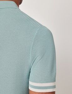 Light Teal Tipped Textured Rib Knitted Polo Shirt