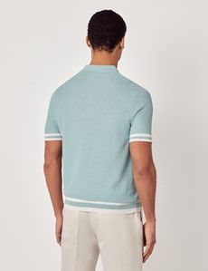 Light Teal Tipped Textured Rib Knitted Polo Shirt