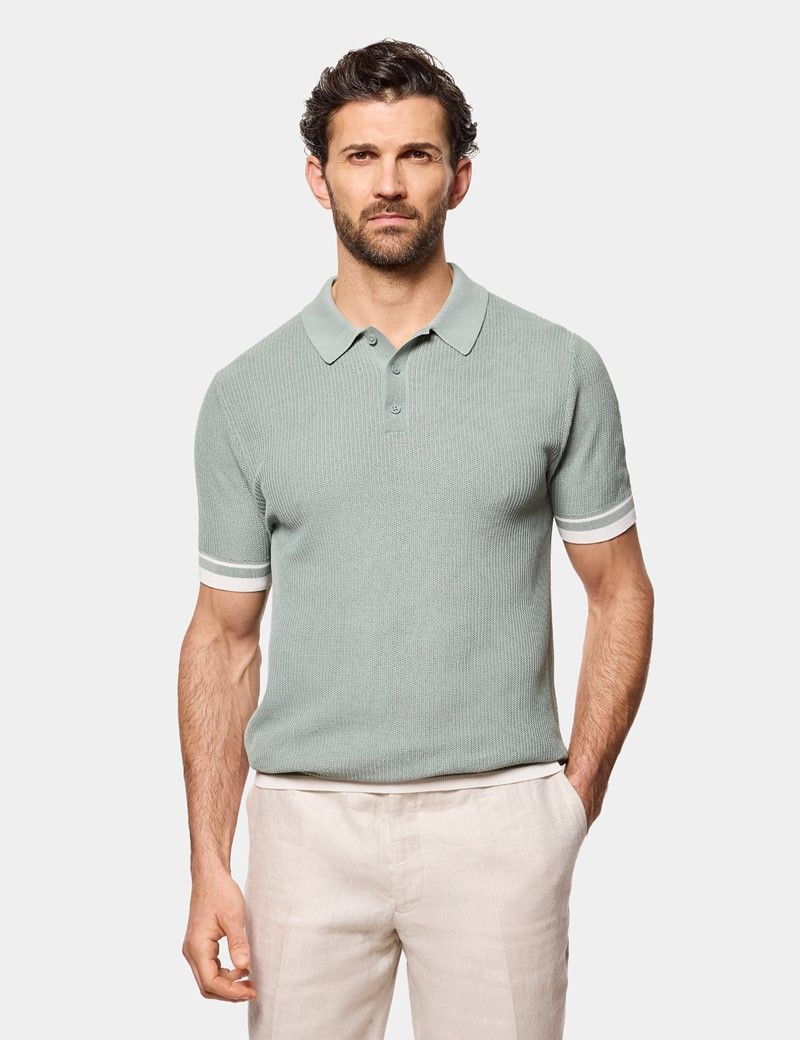 Sage Green Premium Tipped Textured Knit Polo Shirt