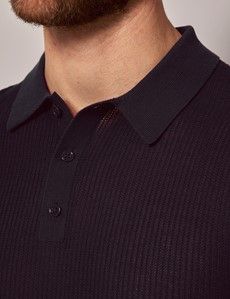 Navy Tipped Textured Rib Knitted Cotton Polo Shirt – Short Sleeve-preview1