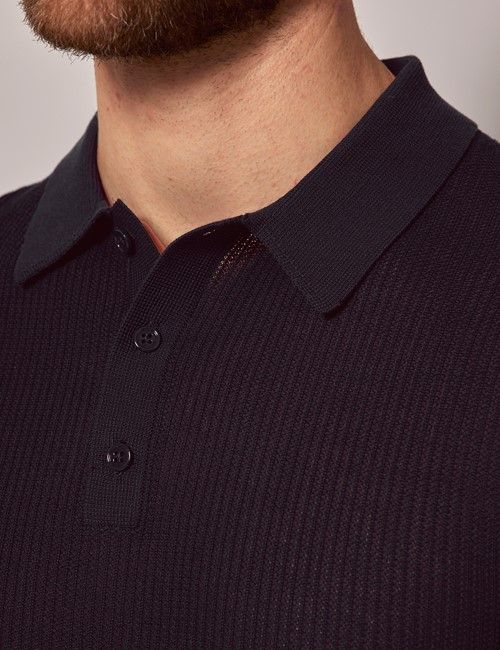 Navy Tipped Textured Rib Knitted Cotton Polo Shirt – Short Sleeve-preview