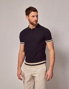 Navy Tipped Textured Rib Knitted Cotton Polo Shirt – Short Sleeve-preview2
