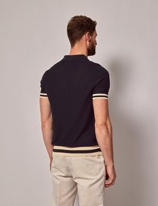 Navy Tipped Textured Rib Knitted Cotton Polo Shirt – Short Sleeve-preview3