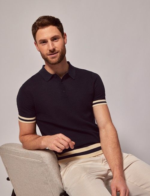Navy Tipped Textured Rib Knitted Cotton Polo Shirt – Short Sleeve