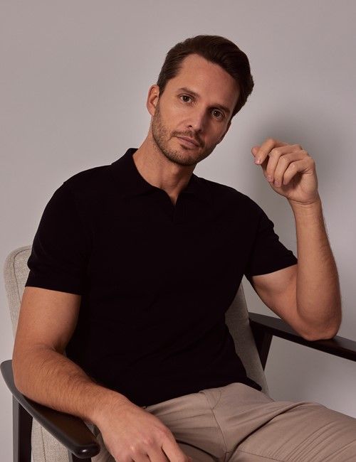 Black Open Collar Knitted Cotton Polo Shirt – Short Sleeve