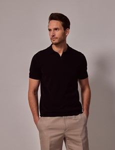 Black Open Collar Knitted Cotton Polo Shirt – Short Sleeve-preview2