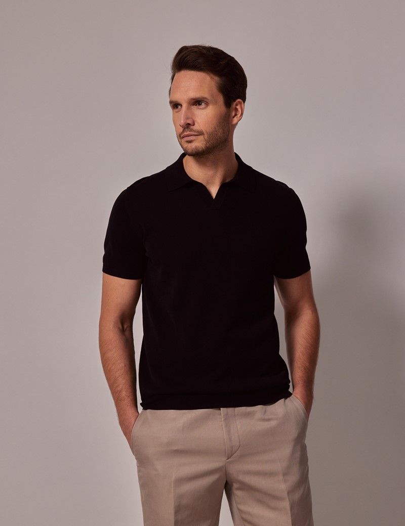 Black Open Collar Knitted Cotton Polo Shirt Short Sleeve