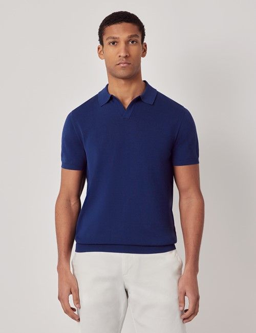 Royal Blue Open Collar Knitted Cotton Polo Shirt – Short Sleeve
