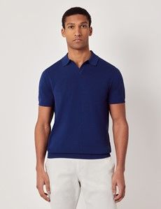 Royal Blue Open Collar Knitted Cotton Polo Shirt – Short Sleeve