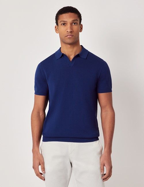 Royal Blue Open Collar Knitted Cotton Polo Shirt – Short Sleeve