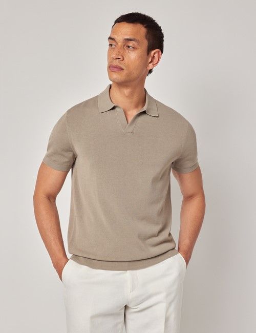Taupe Open Collar Knitted Cotton Polo Shirt – Short Sleeve