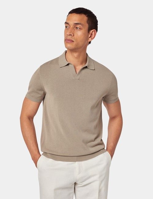 Taupe Open Collar Knitted Cotton Polo Shirt – Short Sleeve