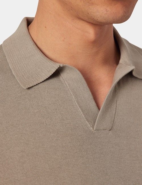 Taupe Open Collar Knitted Cotton Polo Shirt – Short Sleeve-preview