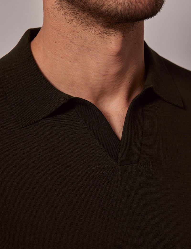 Men's Dark Green Open Collar Knitted Cotton Polo Shirt – Short Sleeve |  Hawes and Curtis