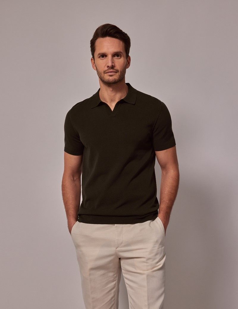 Men s Dark Green Open Collar Knitted Cotton Polo Shirt Short Sleeve Hawes and Curtis