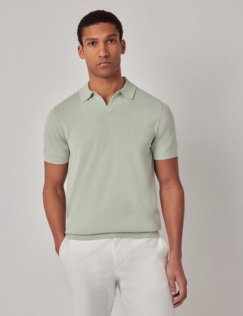 Light Green Open Collar Knitted Cotton Polo Shirt – Short Sleeve