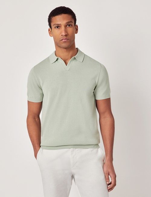Light Green Open Collar Knitted Cotton Polo Shirt – Short Sleeve