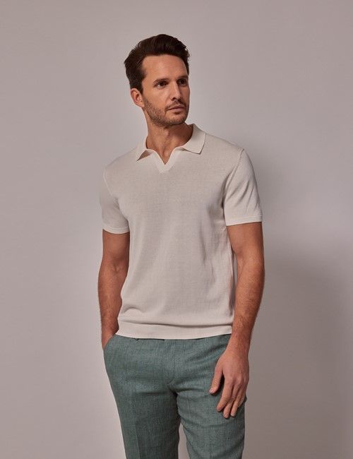 Cream Open Collar Knitted Cotton Polo Shirt – Short Sleeve