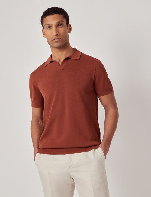 Rust Open Collar Knitted Cotton Polo Shirt – Short Sleeve