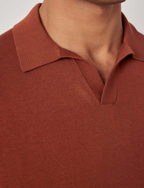 Rust Open Collar Knitted Cotton Polo Shirt – Short Sleeve-preview