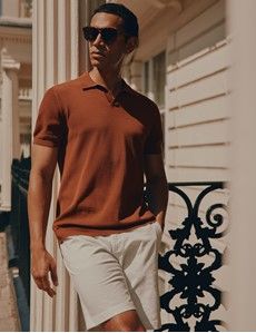 Rust Open Collar Knitted Cotton Polo Shirt – Short Sleeve-preview1
