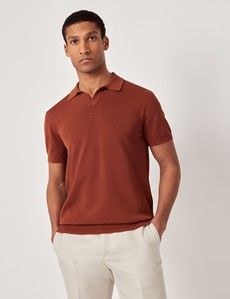Rust Open Collar Knitted Cotton Polo Shirt – Short Sleeve