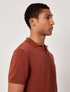 Rust Open Collar Knitted Cotton Polo Shirt – Short Sleeve-preview3