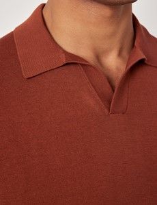 Rust Open Collar Knitted Cotton Polo Shirt – Short Sleeve-preview2